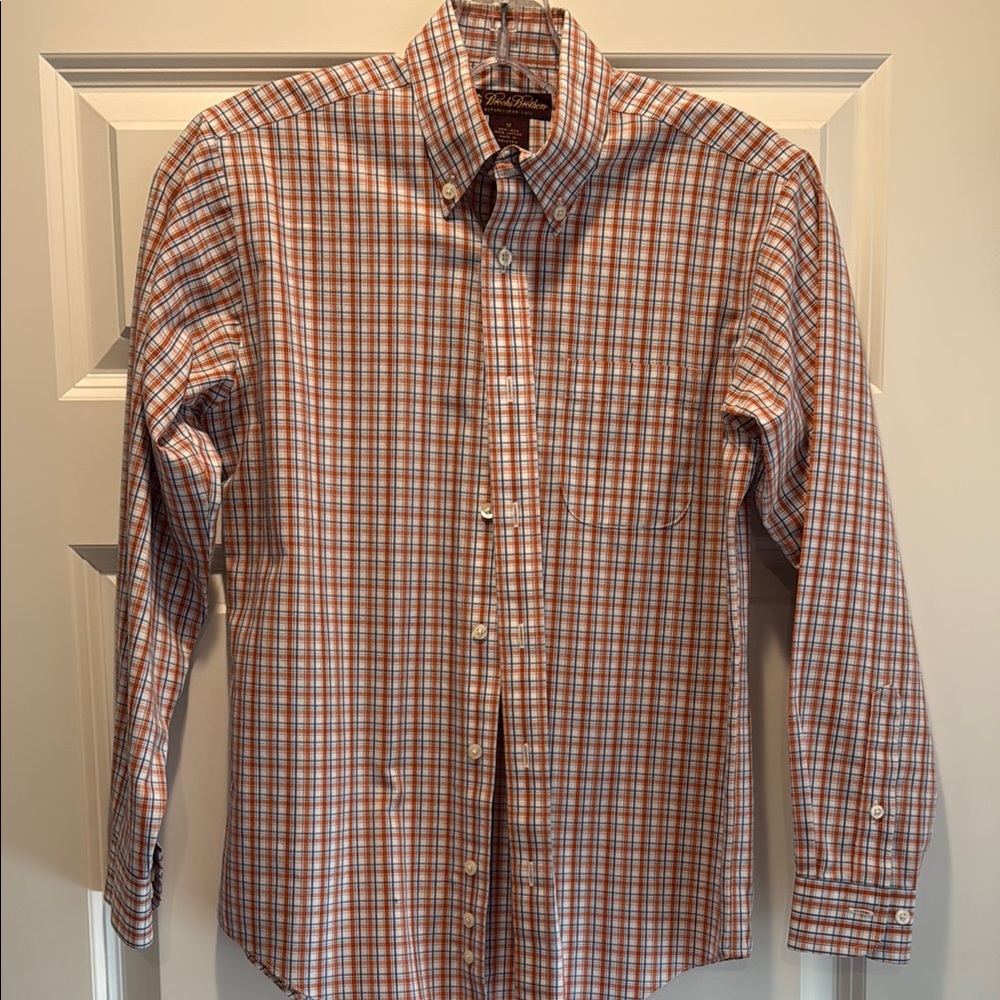 Boys M Brooks Brothers Burnt Orange, Blue and White Non-iron Button Down Shirt